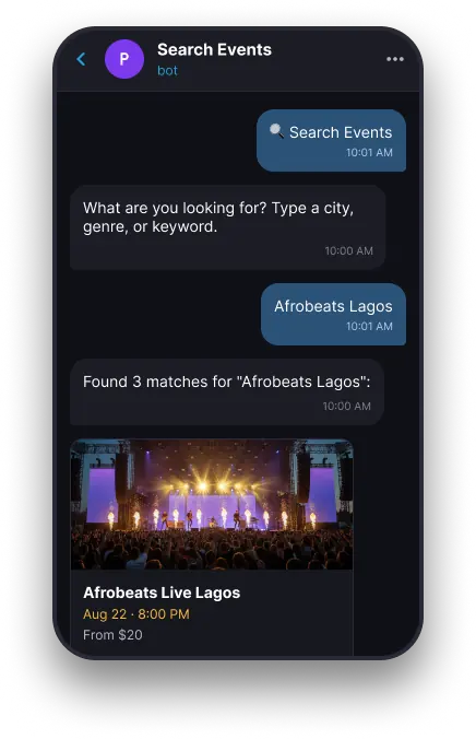 Search Events Telegram preview