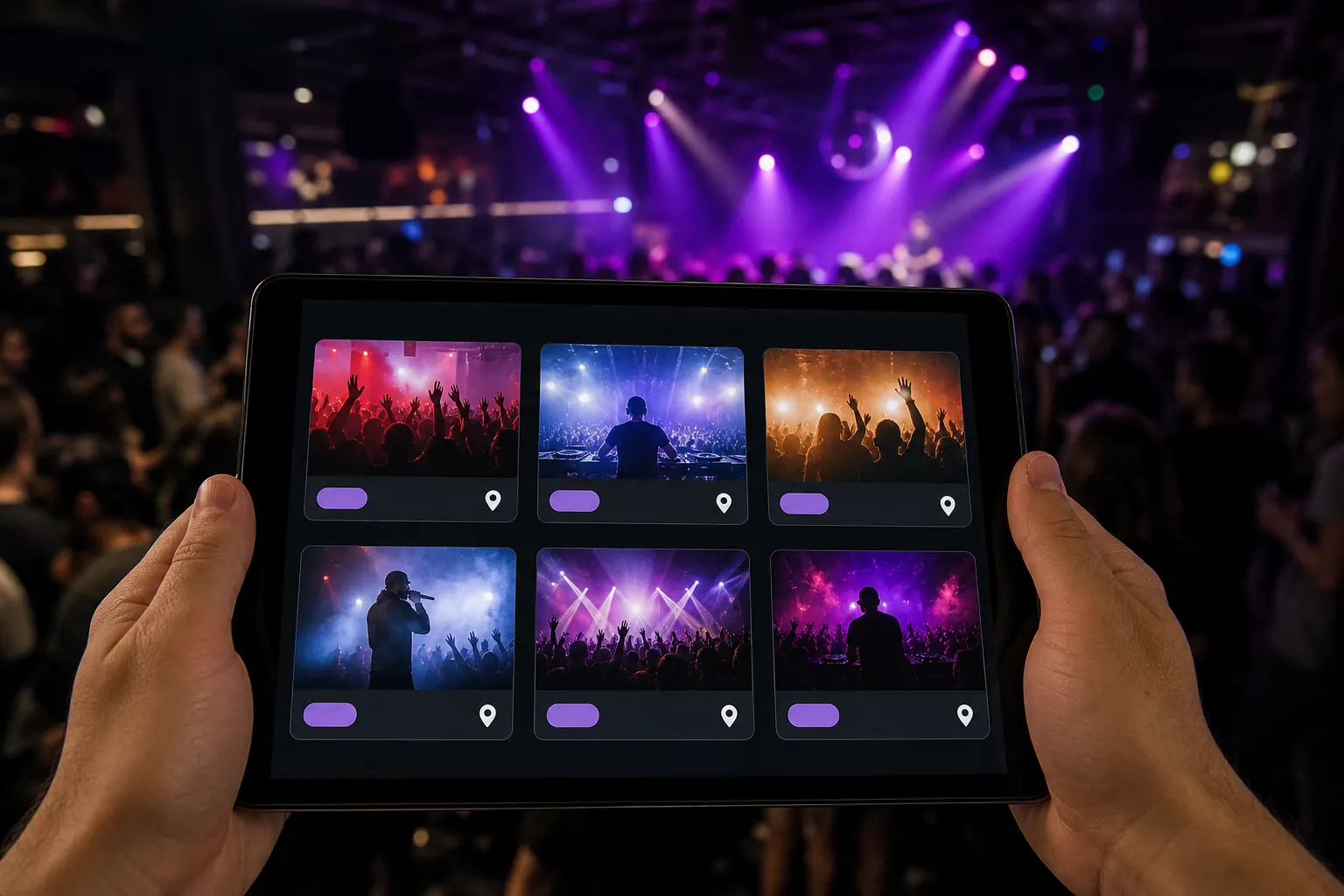 Event listings on a tablet in front of a live crowd
